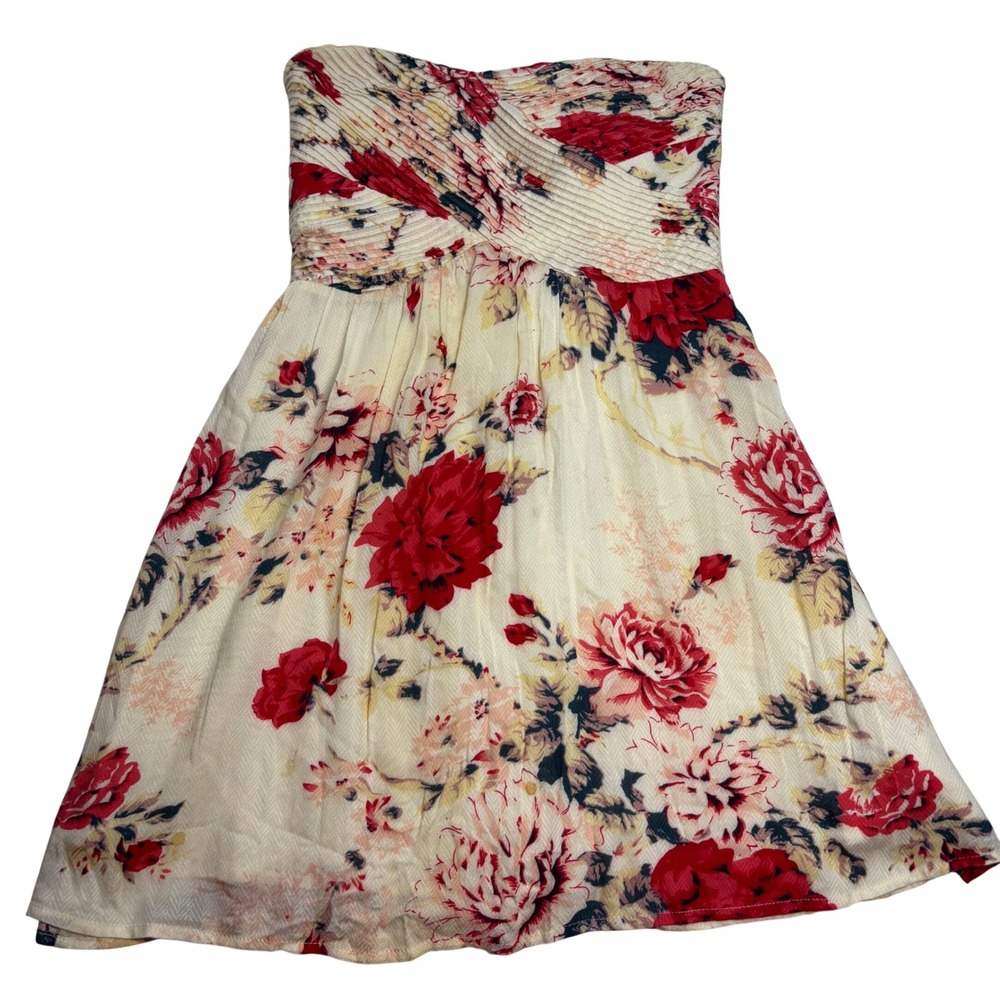 Kimchi Blue Strapless Dress Women's Cream Red Excellent Floral Mini Rayon Sz Med